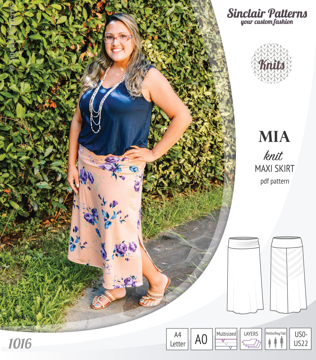Pdf sewing pattern Mia knit jersey maxi or midi skirt with yoga waistband and side slits