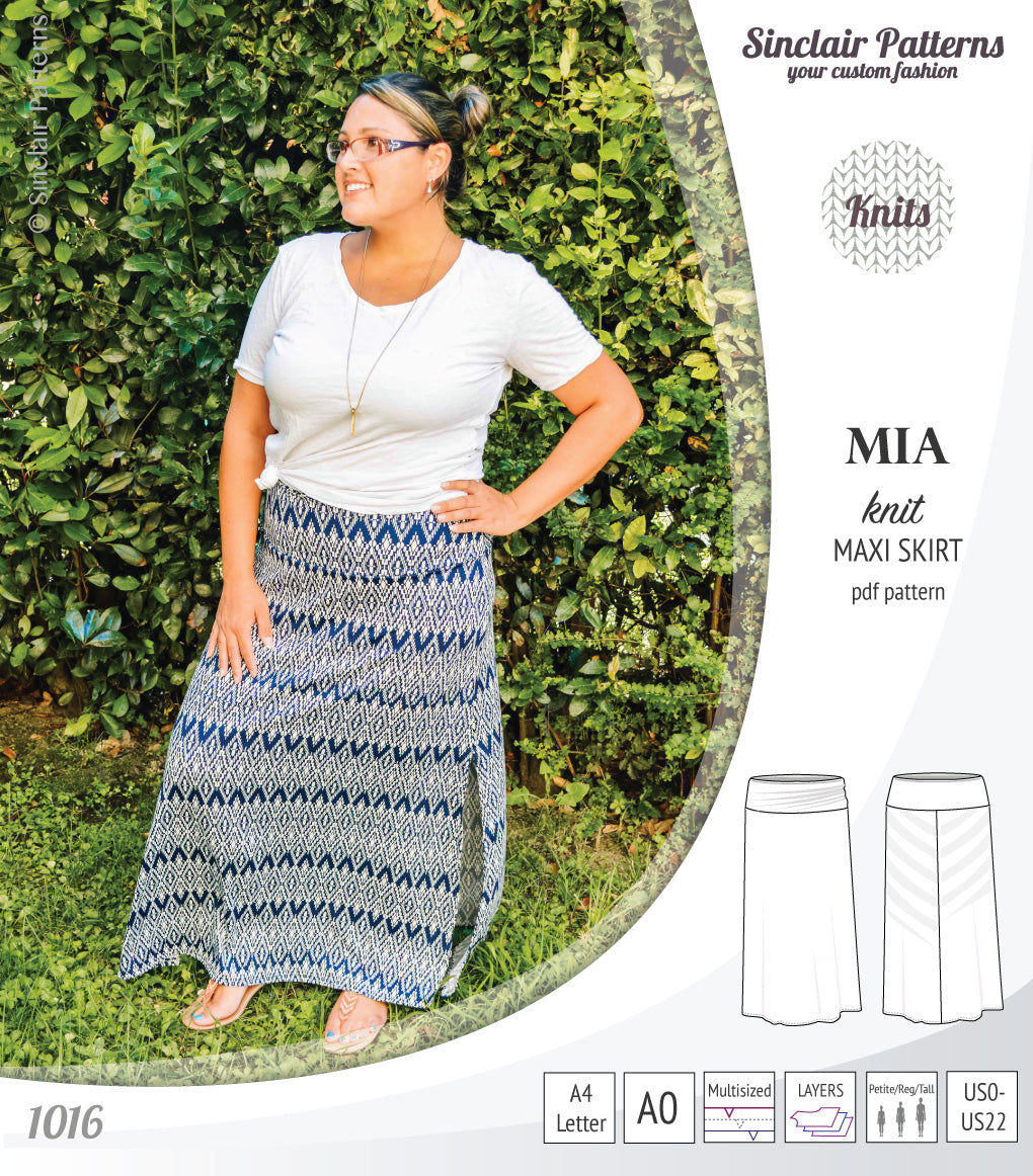 Pdf sewing pattern Mia knit jersey maxi or midi skirt with yoga waistband and side slits