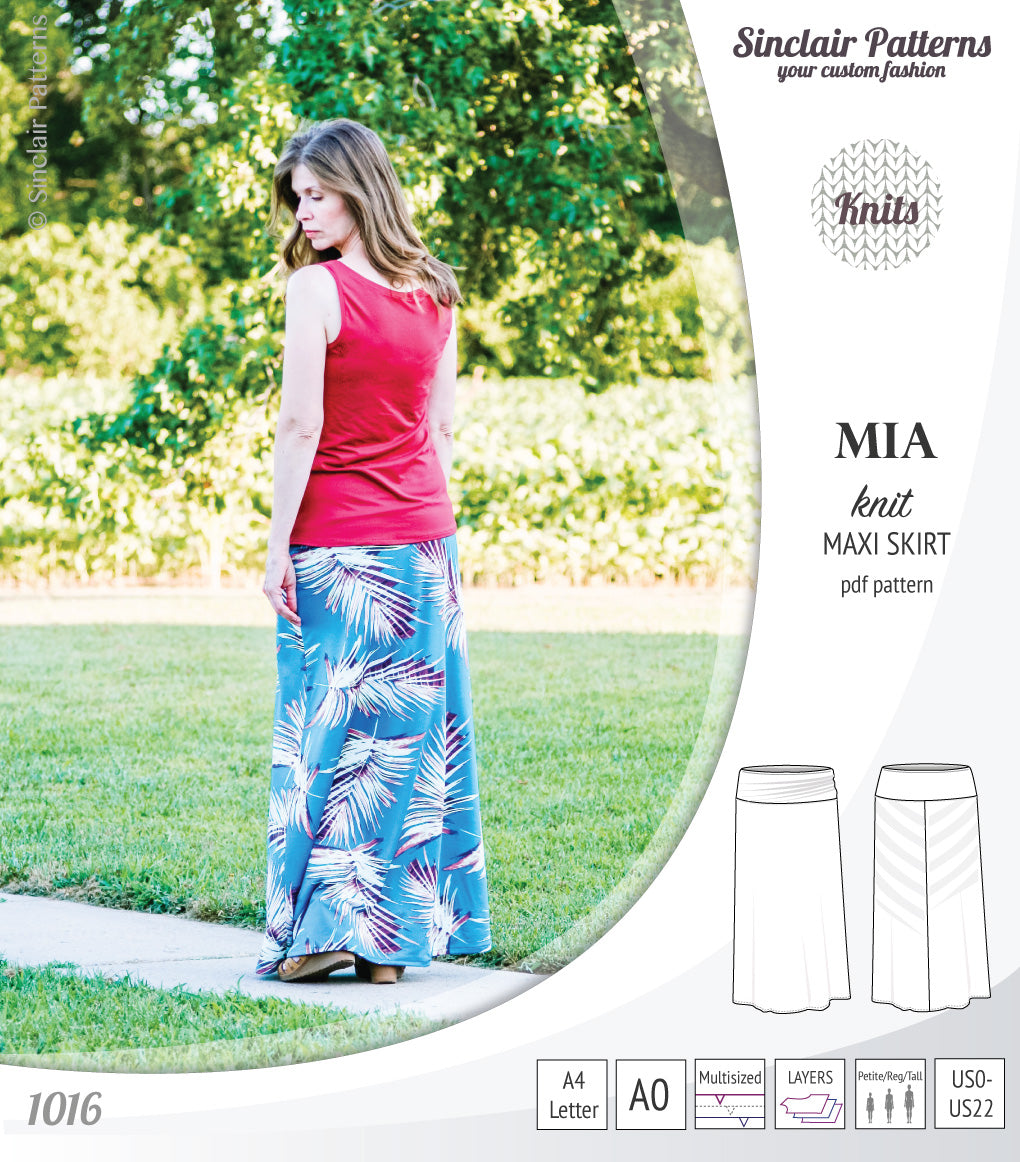 Pdf sewing pattern Mia knit jersey maxi or midi skirt with yoga waistband and side slits