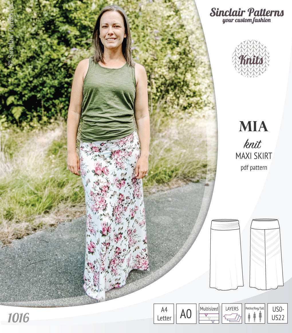 Pdf sewing pattern Mia knit jersey maxi or midi skirt with yoga waistband and side slits