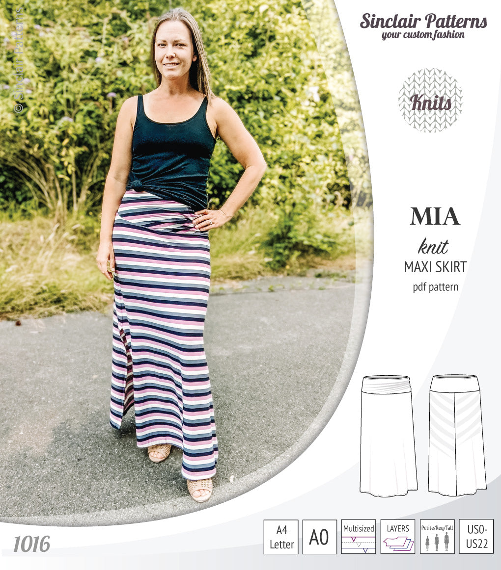 Pdf sewing pattern Mia knit jersey maxi or midi skirt with yoga waistband and side slits