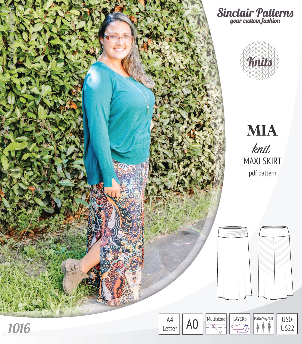 Pdf sewing pattern Mia knit jersey maxi or midi skirt with yoga waistband and side slits