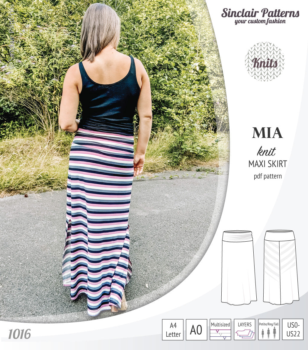 Pdf sewing pattern Mia knit jersey maxi or midi skirt with yoga waistband and side slits