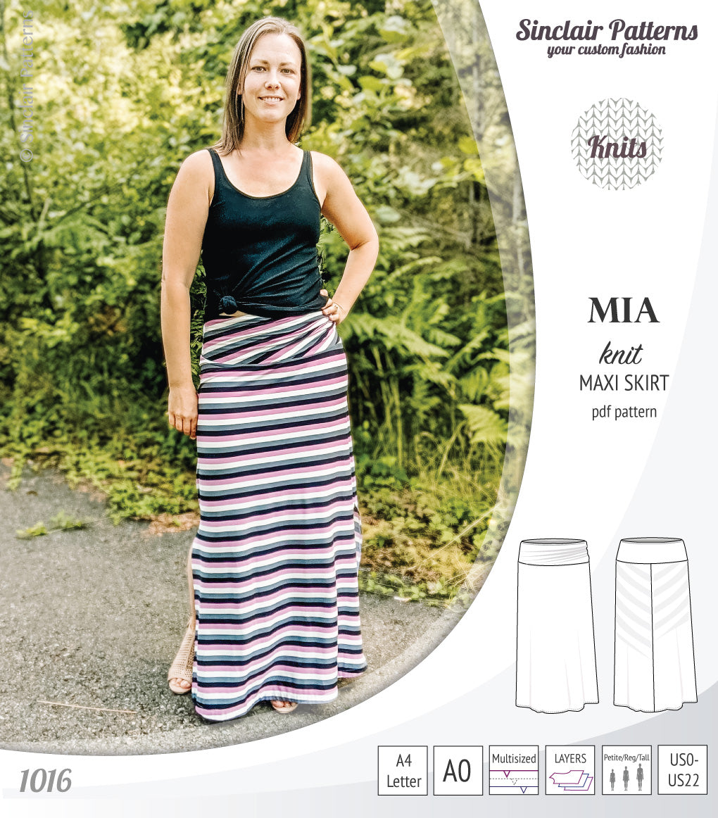 Pdf sewing pattern Mia knit jersey maxi or midi skirt with yoga waistband and side slits