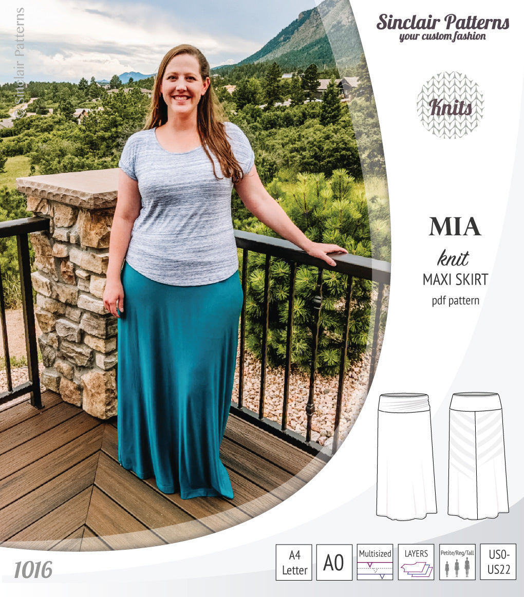 Pdf sewing pattern Mia knit jersey maxi or midi skirt with yoga waistband and side slits