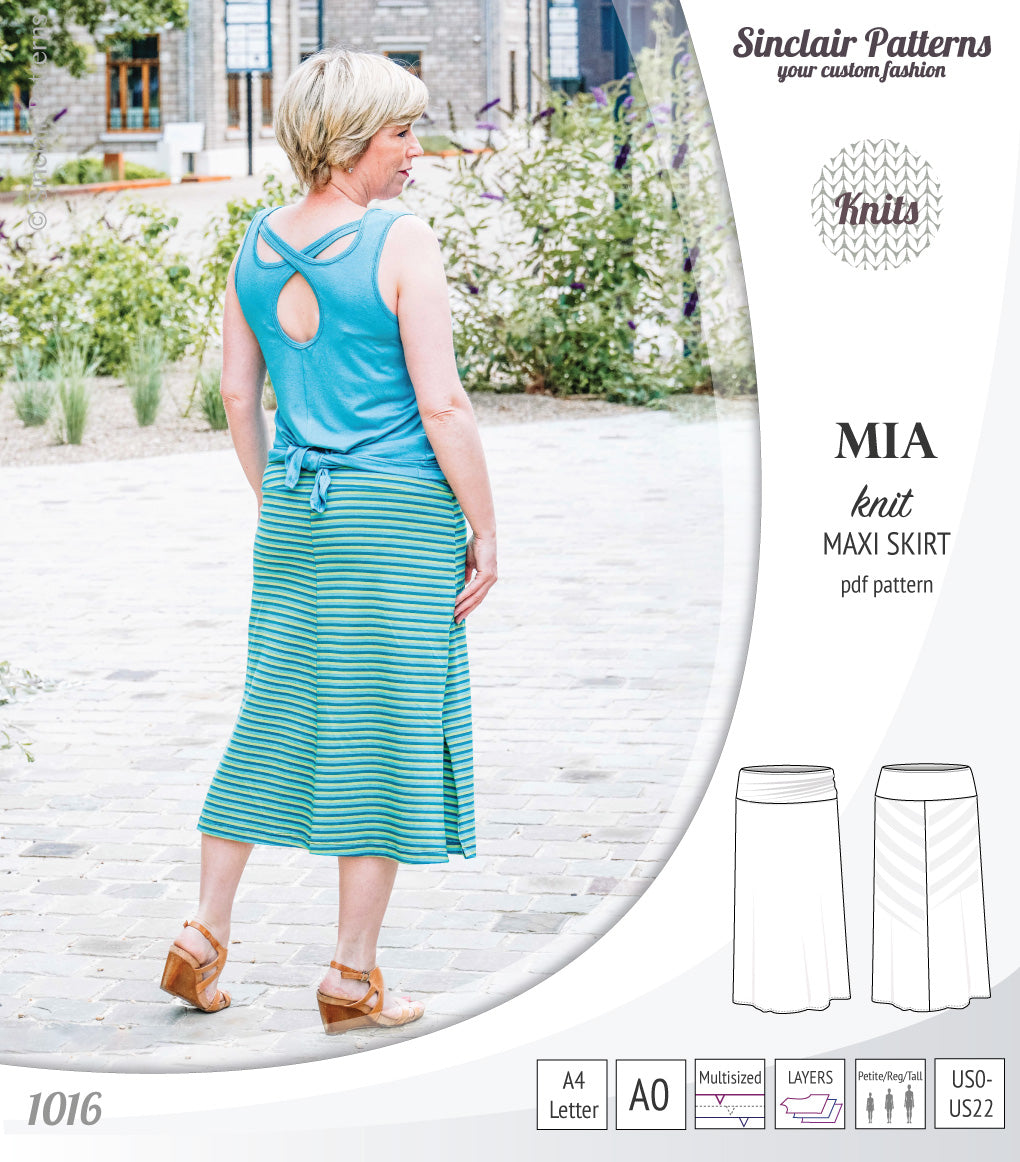 Pdf sewing pattern Mia knit jersey maxi or midi skirt with yoga waistband and side slits