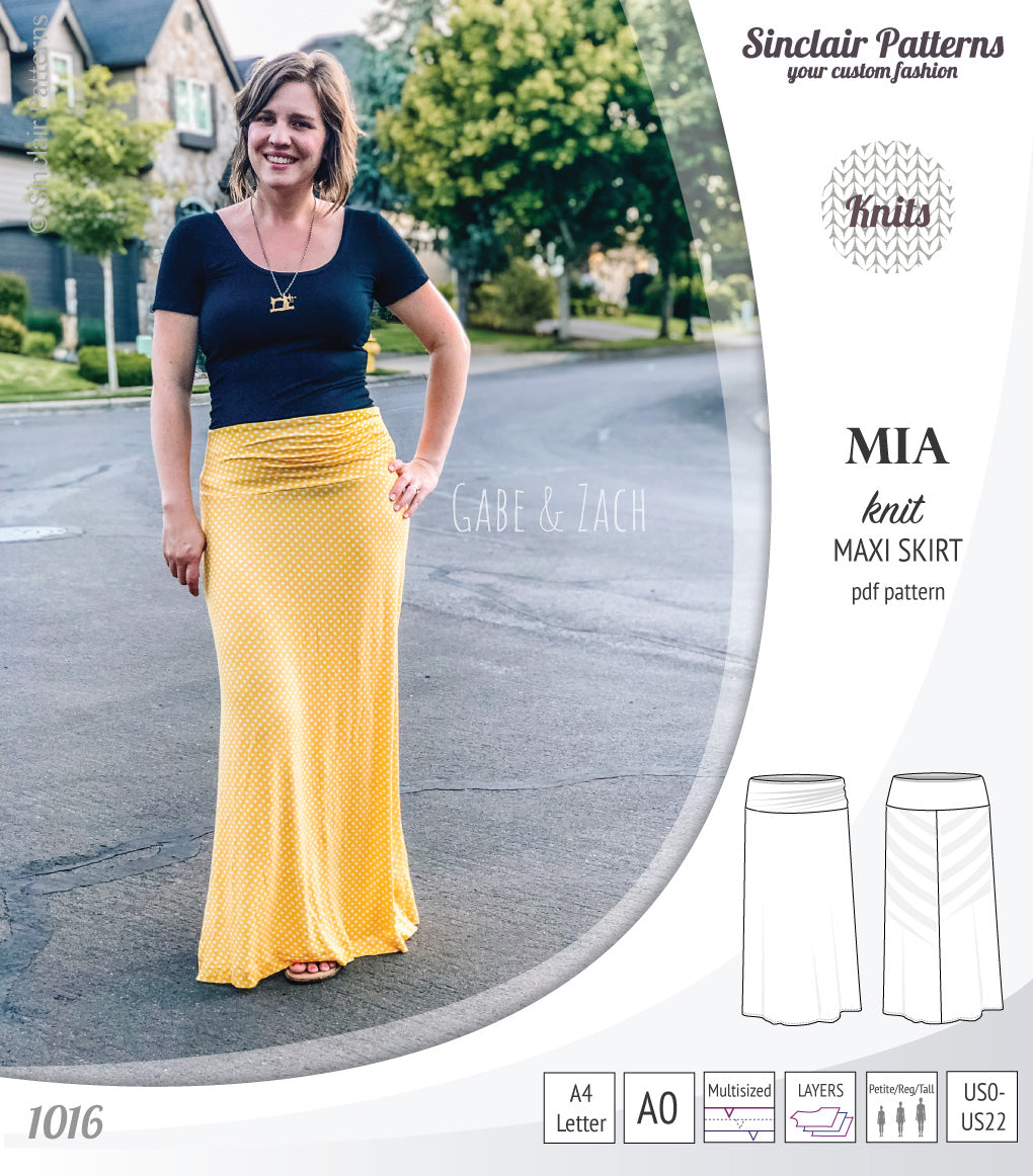 Pdf sewing pattern Mia knit jersey maxi or midi skirt with yoga waistband and side slits