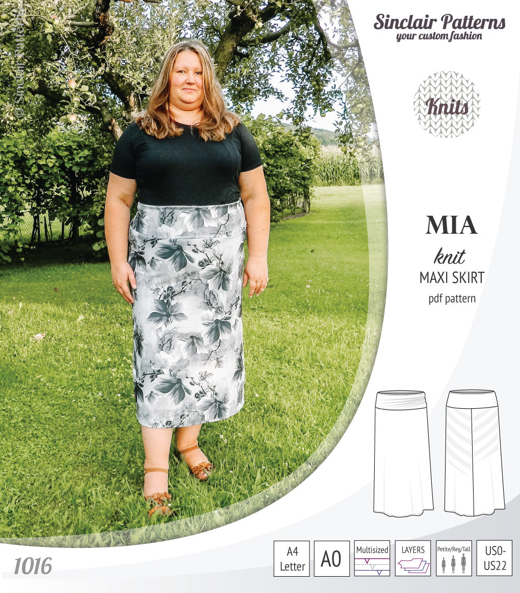 Pdf sewing pattern Mia knit jersey maxi or midi skirt with yoga waistband and side slits