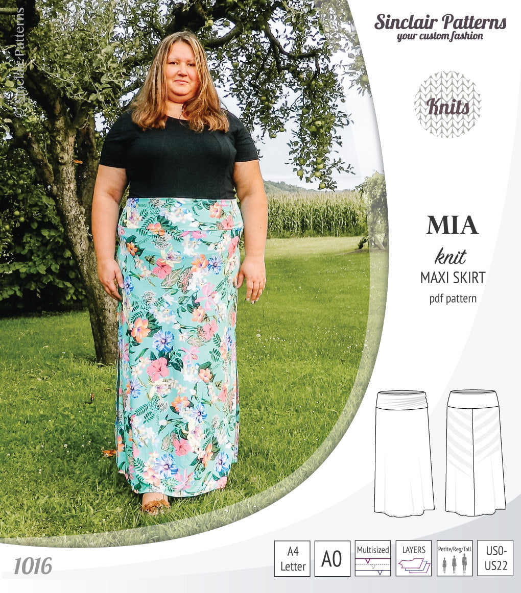 Pdf sewing pattern Mia knit jersey maxi or midi skirt with yoga waistband and side slits