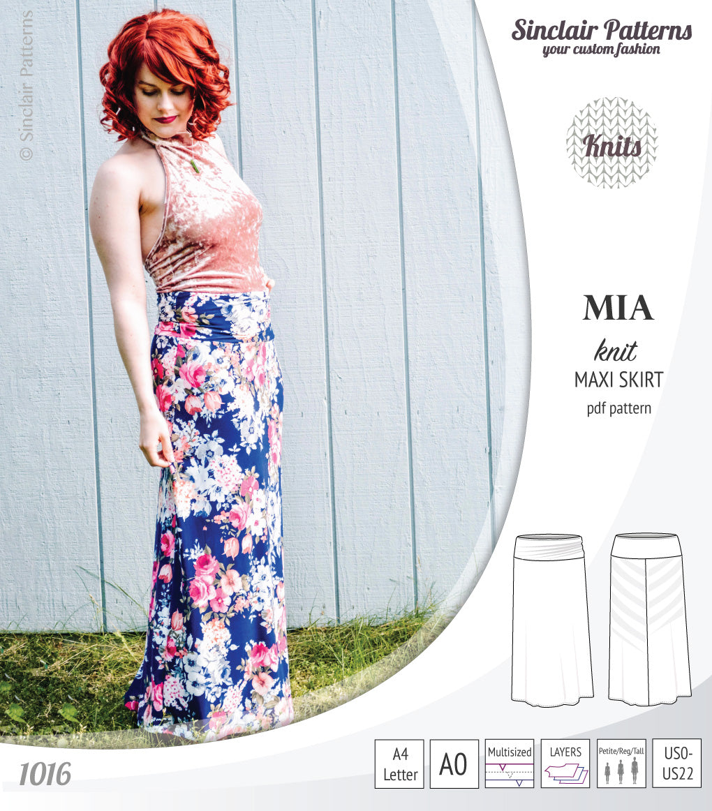 Pdf sewing pattern Mia knit jersey maxi or midi skirt with yoga waistband and side slits