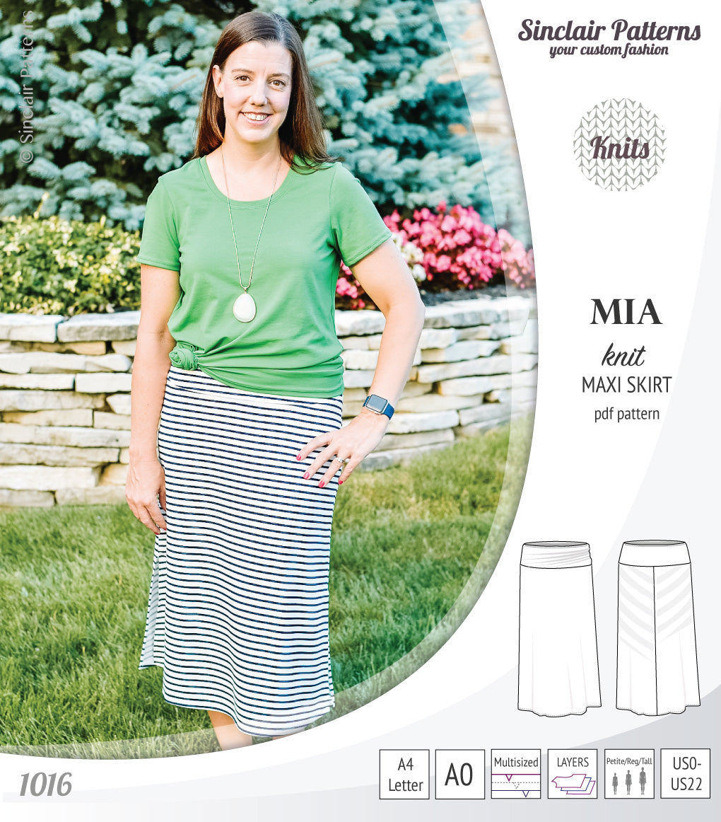 Pdf sewing pattern Mia knit jersey maxi or midi skirt with yoga waistband and side slits