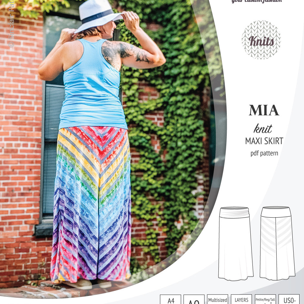 Pdf sewing pattern Mia knit jersey maxi or midi skirt with yoga waistband and side slits