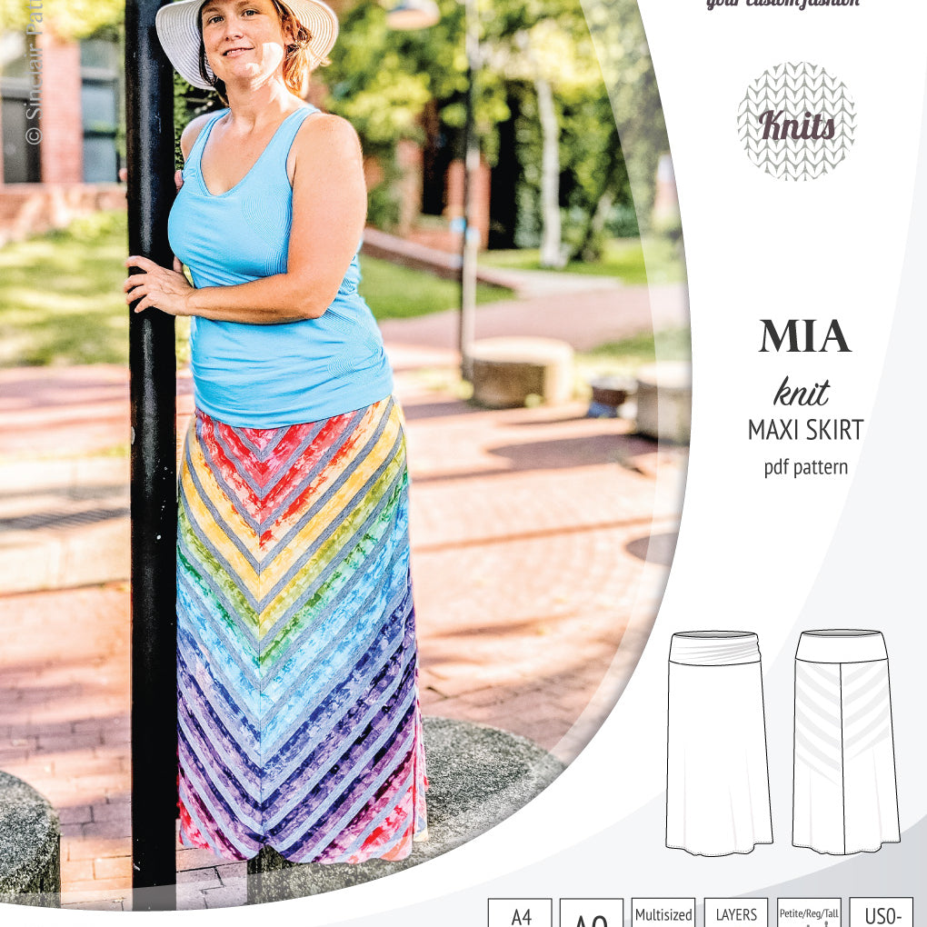 Pdf sewing pattern Mia knit jersey maxi or midi skirt with yoga waistband and side slits