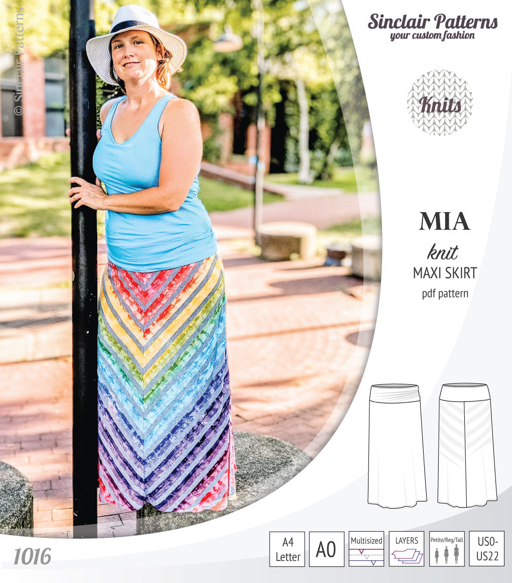 Pdf sewing pattern Mia knit jersey maxi or midi skirt with yoga waistband and side slits