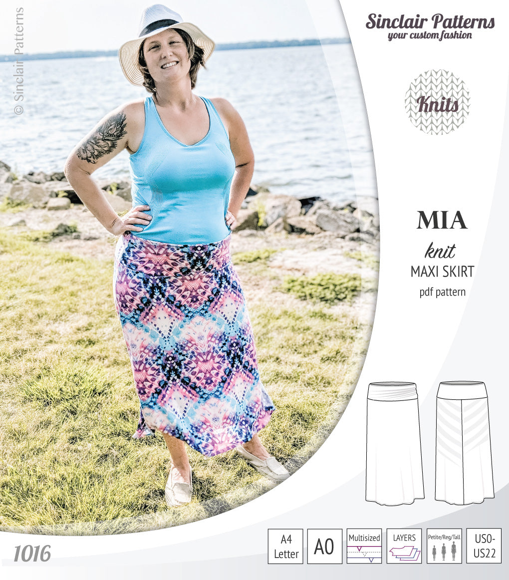 Pdf sewing pattern Mia knit jersey maxi or midi skirt with yoga waistband and side slits