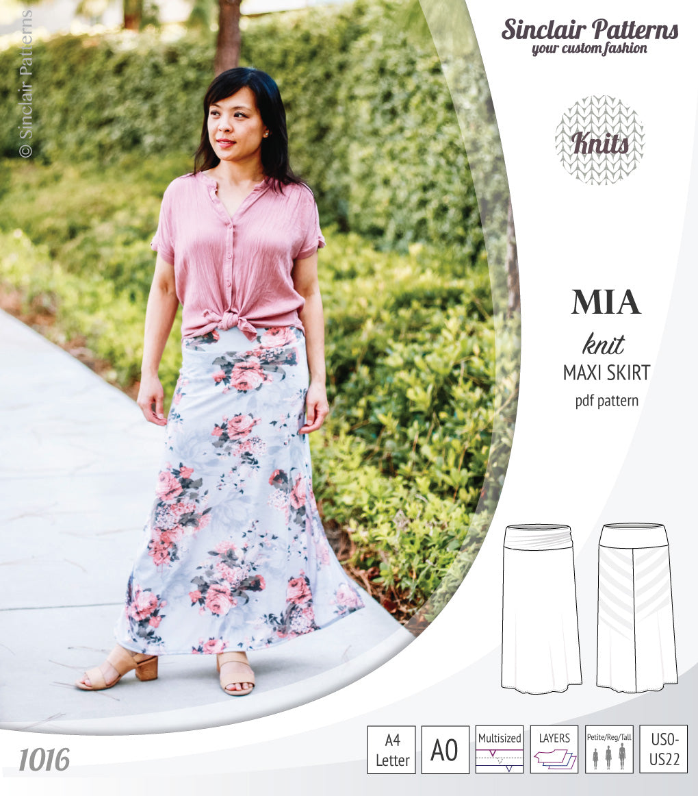 Pdf sewing pattern Mia knit jersey maxi or midi skirt with yoga waistband and side slits