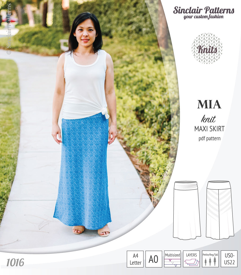 Pdf sewing pattern Mia knit jersey maxi or midi skirt with yoga waistband and side slits