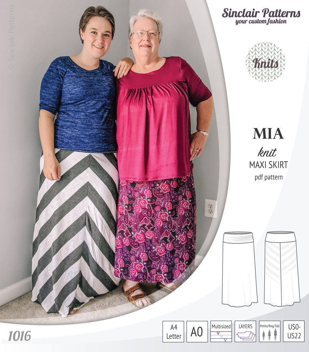Pdf sewing pattern Mia knit jersey maxi or midi skirt with yoga waistband and side slits
