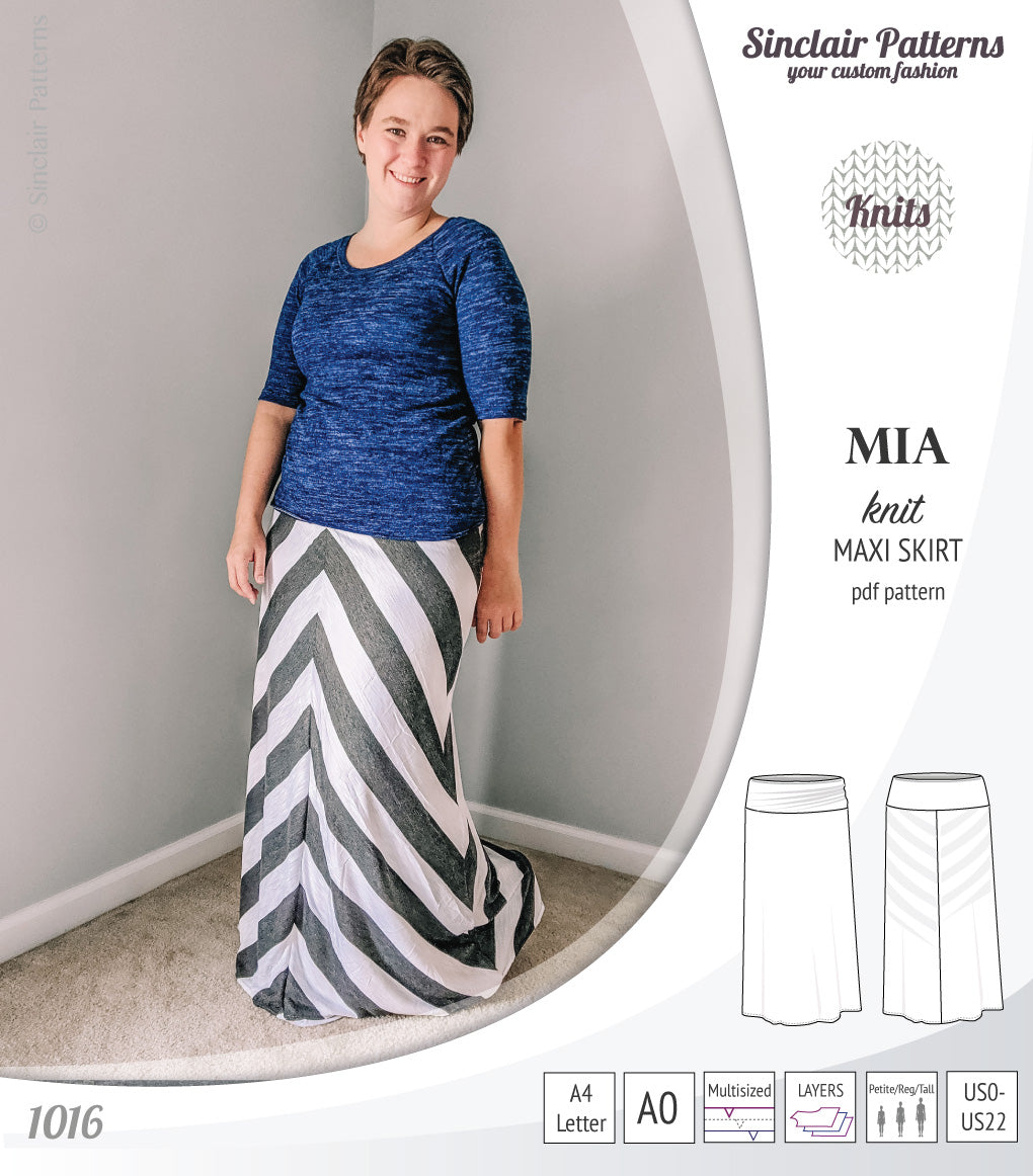 Pdf sewing pattern Mia knit jersey maxi or midi skirt with yoga waistband and side slits