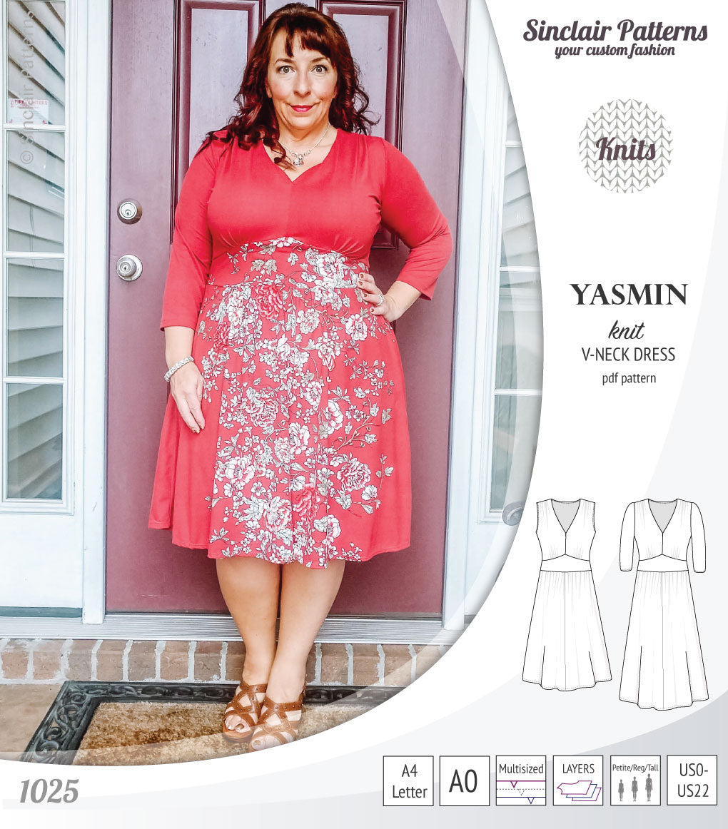 Yasmin V neck knit dress with pleated accents (PDF) – Sinclair Patterns