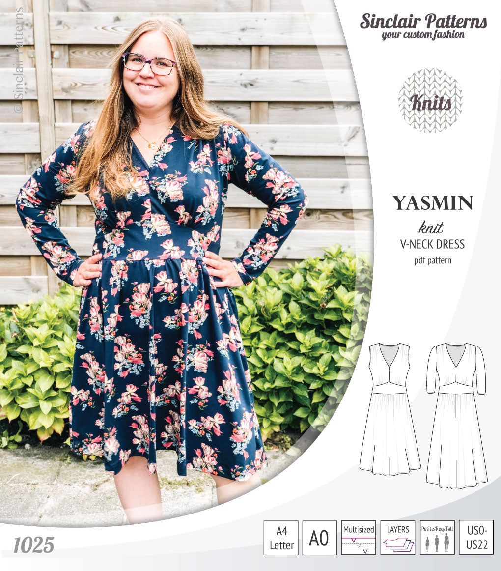 Yasmin V neck knit dress with pleated accents (PDF) – Sinclair Patterns