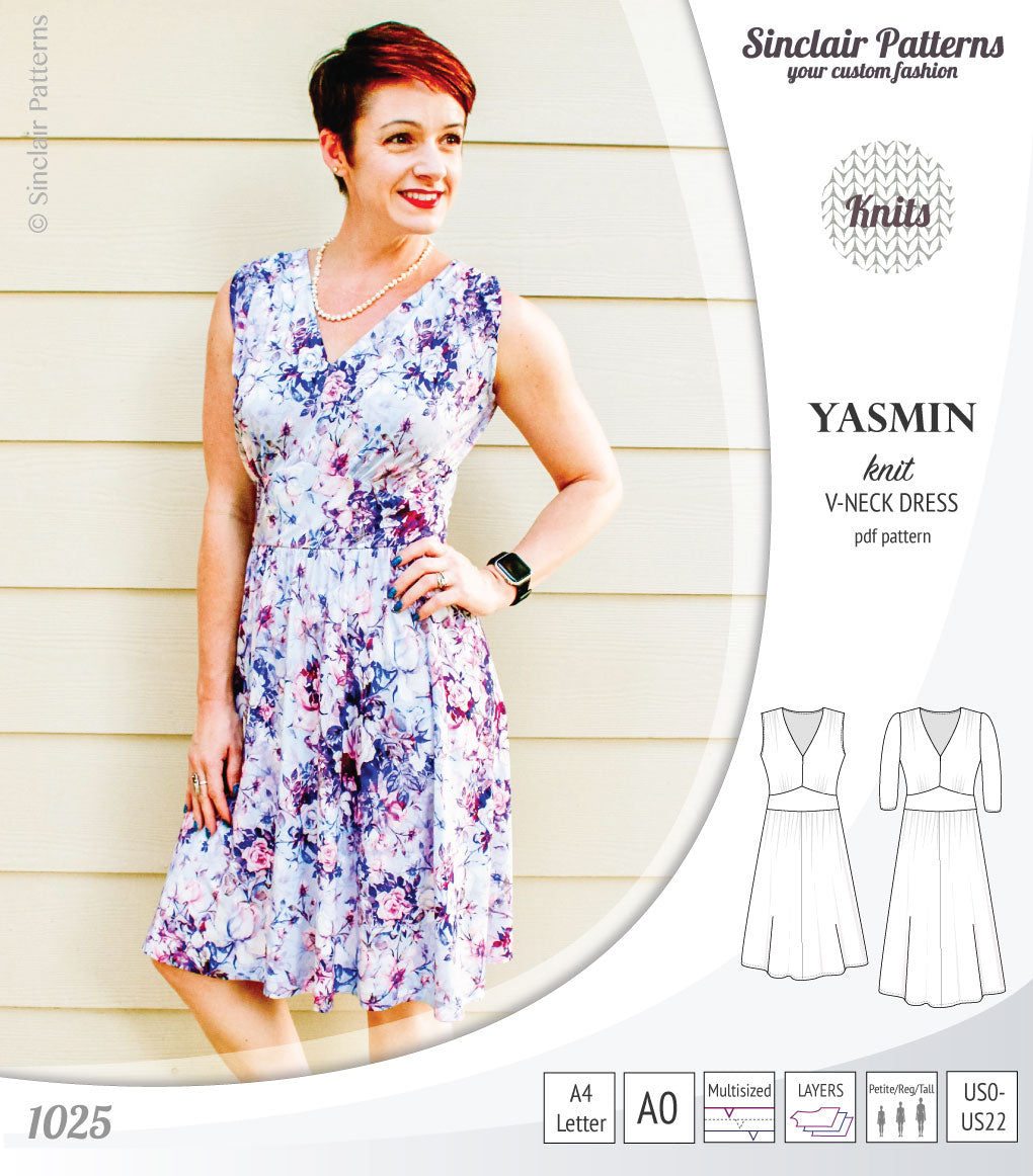 Yasmin V neck knit dress with pleated accents (PDF) – Sinclair Patterns