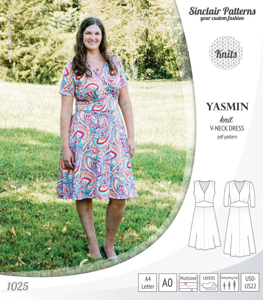 Yasmin V neck knit dress with pleated accents (PDF) – Sinclair Patterns