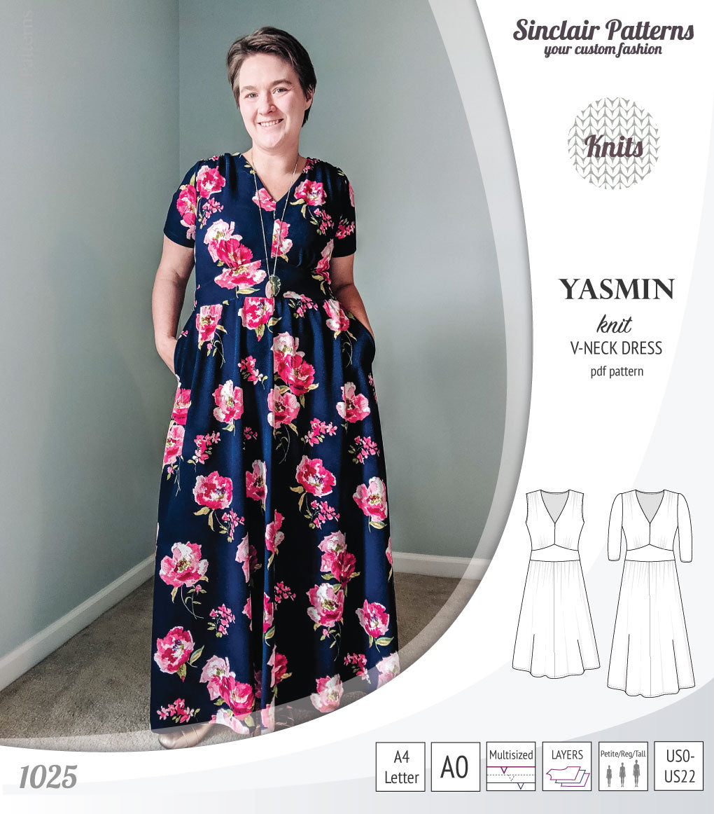 Yasmin V neck knit dress with pleated accents (PDF) – Sinclair Patterns