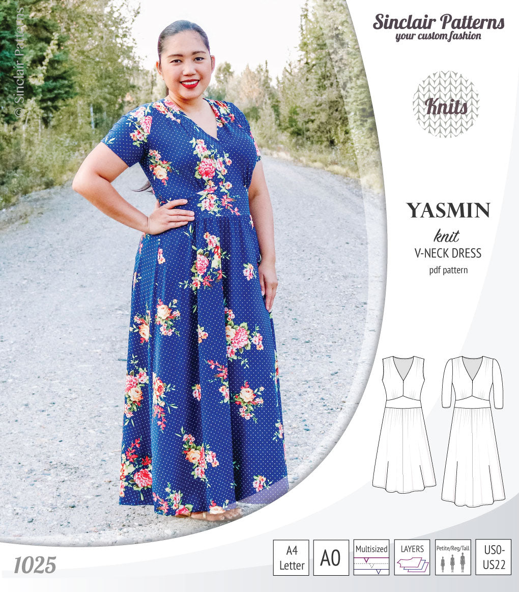 Yasmin V neck knit dress with pleated accents (PDF) – Sinclair Patterns