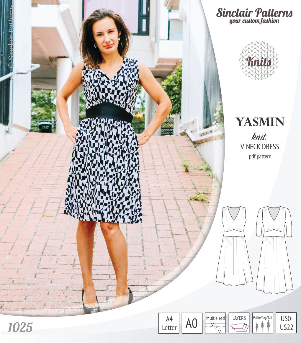 Yasmin V neck knit dress with pleated accents (PDF) – Sinclair Patterns