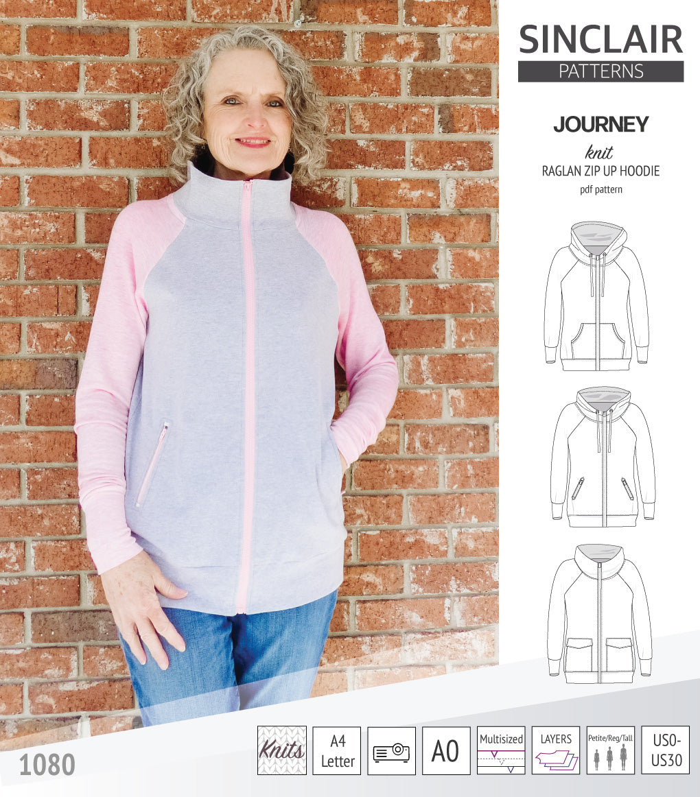 Sinclair Patterns S1080 Journey zip up zippered knit raglan hoodie for women with kangaroo, zippered or cargo pockets pdf sewing pattern