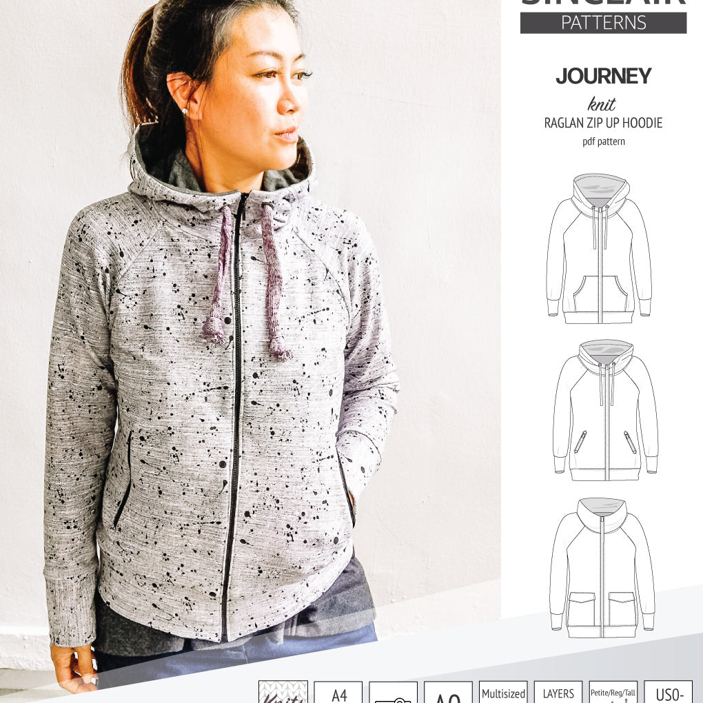 Sinclair Patterns S1080 Journey zip up zippered knit raglan hoodie for women with kangaroo, zippered or cargo pockets pdf sewing pattern
