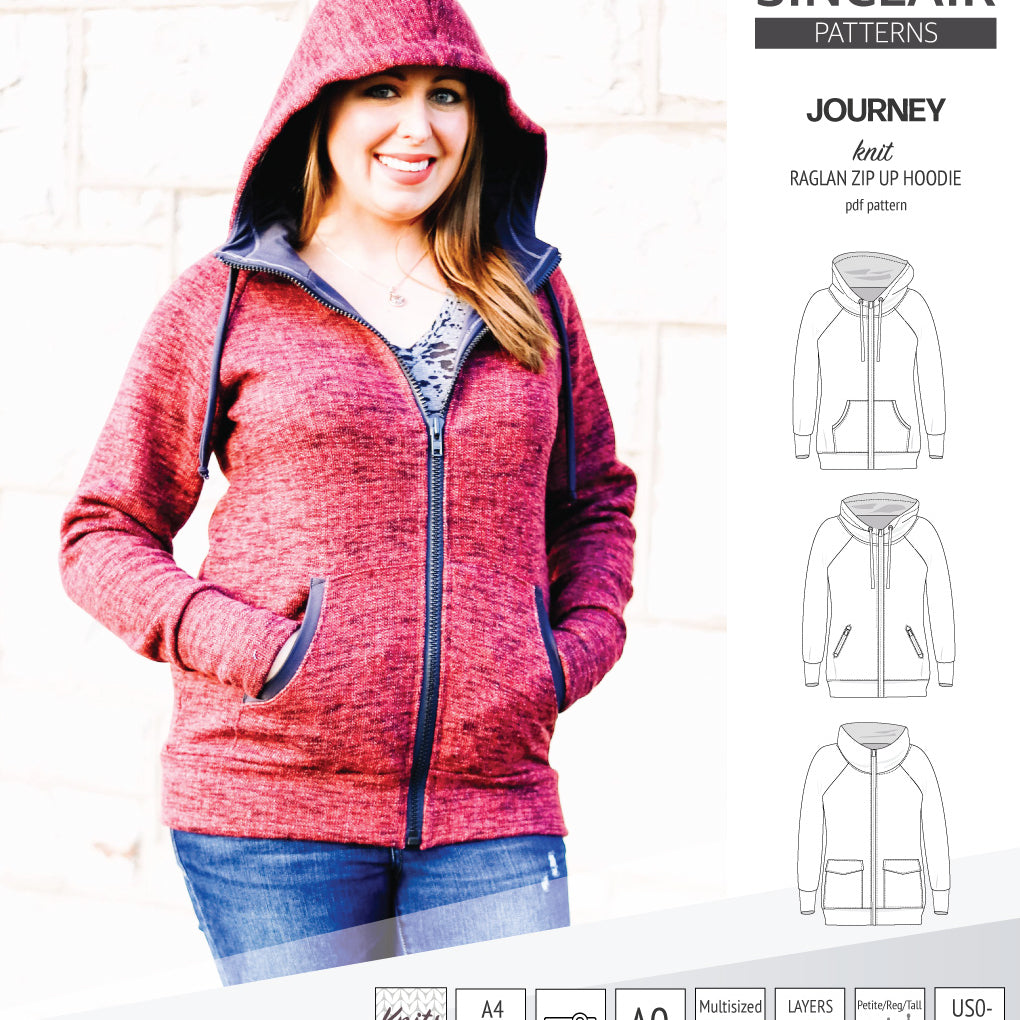 Sinclair Patterns S1080 Journey zip up zippered knit raglan hoodie for women with kangaroo, zippered or cargo pockets pdf sewing pattern