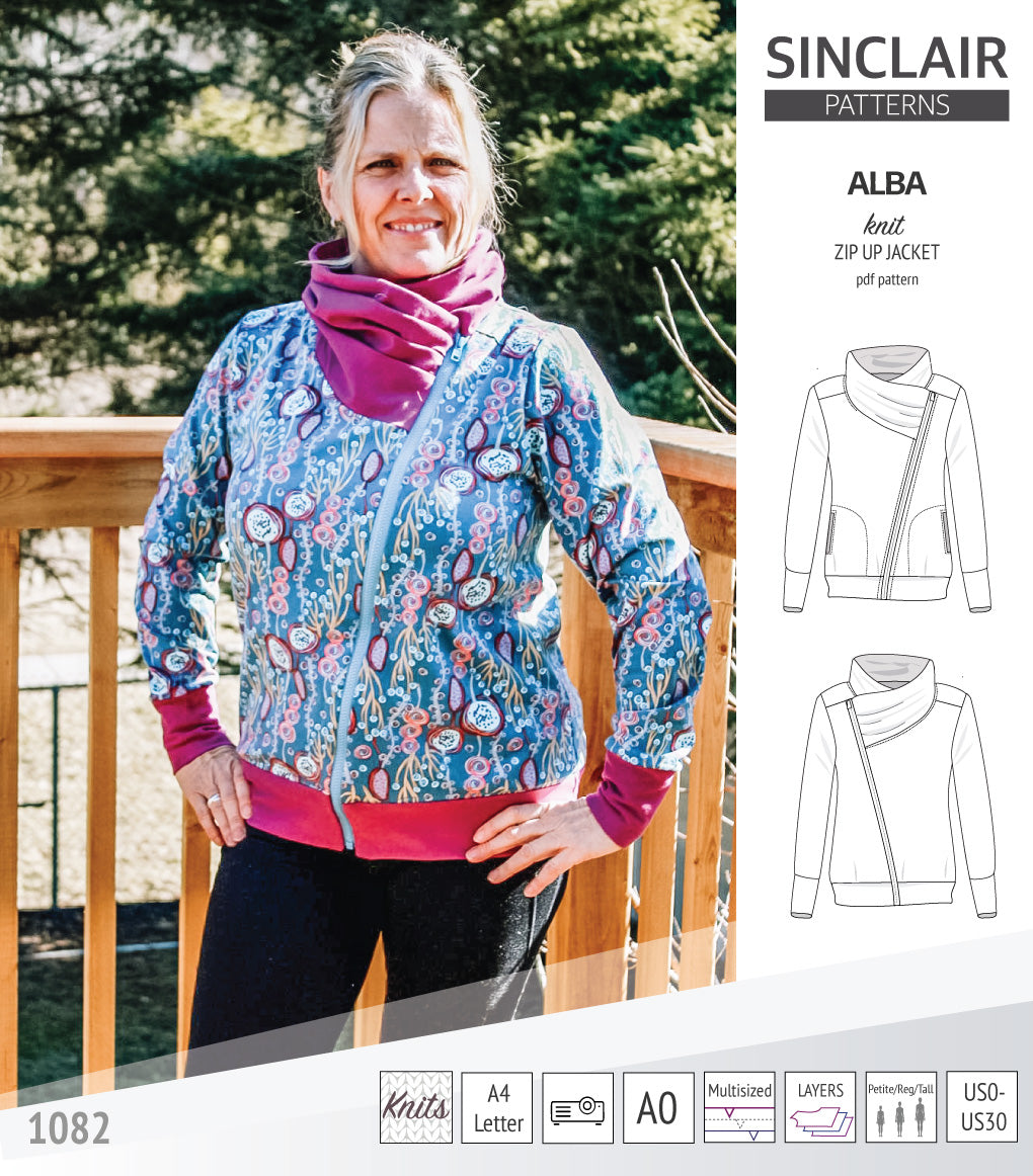 Sinclair Patterns S1082 Alba asymmetrical zip up zipper hoodie jacket for women with pockets pdf sewing pattern