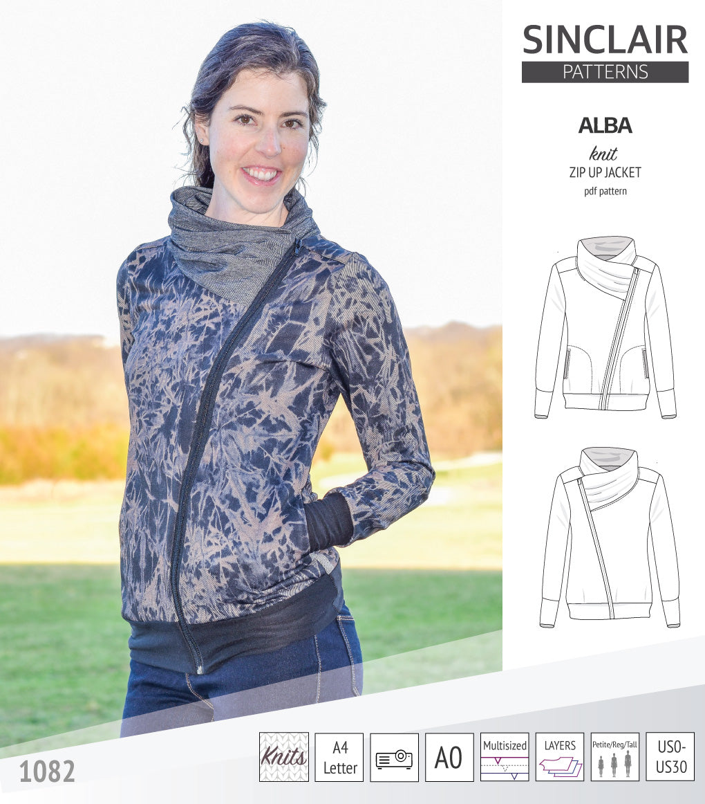 Sinclair Patterns S1082 Alba asymmetrical zip up zipper hoodie jacket for women with pockets pdf sewing pattern
