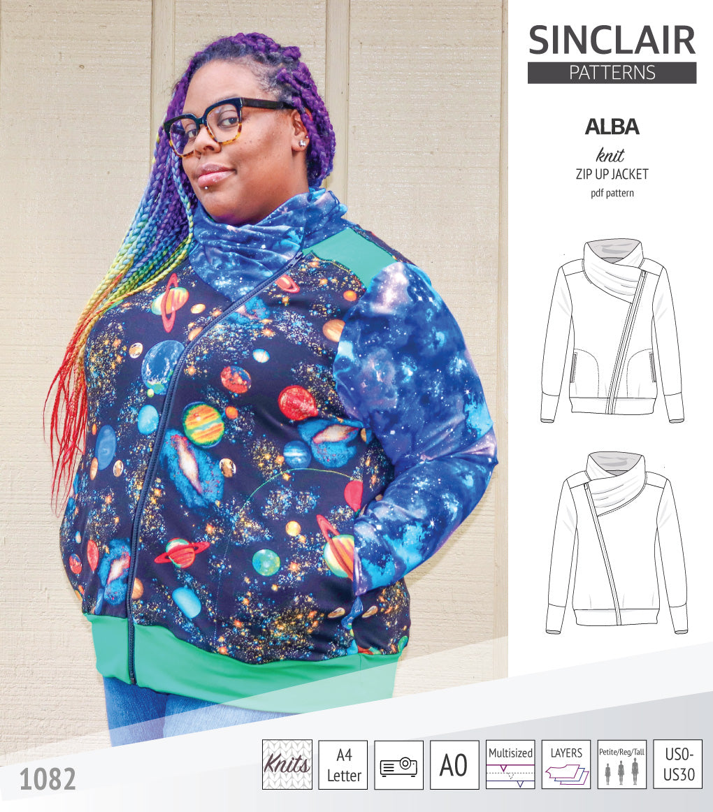 Sinclair Patterns S1082 Alba asymmetrical zip up zipper hoodie jacket for women with pockets pdf sewing pattern