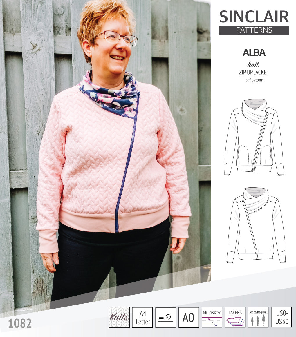 Sinclair Patterns S1082 Alba asymmetrical zip up zipper hoodie jacket for women with pockets pdf sewing pattern