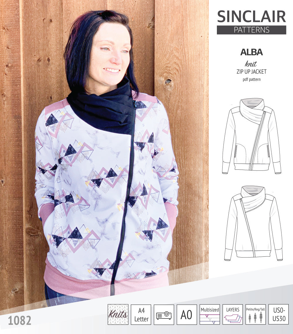 Sinclair Patterns S1082 Alba asymmetrical zip up zipper hoodie jacket for women with pockets pdf sewing pattern