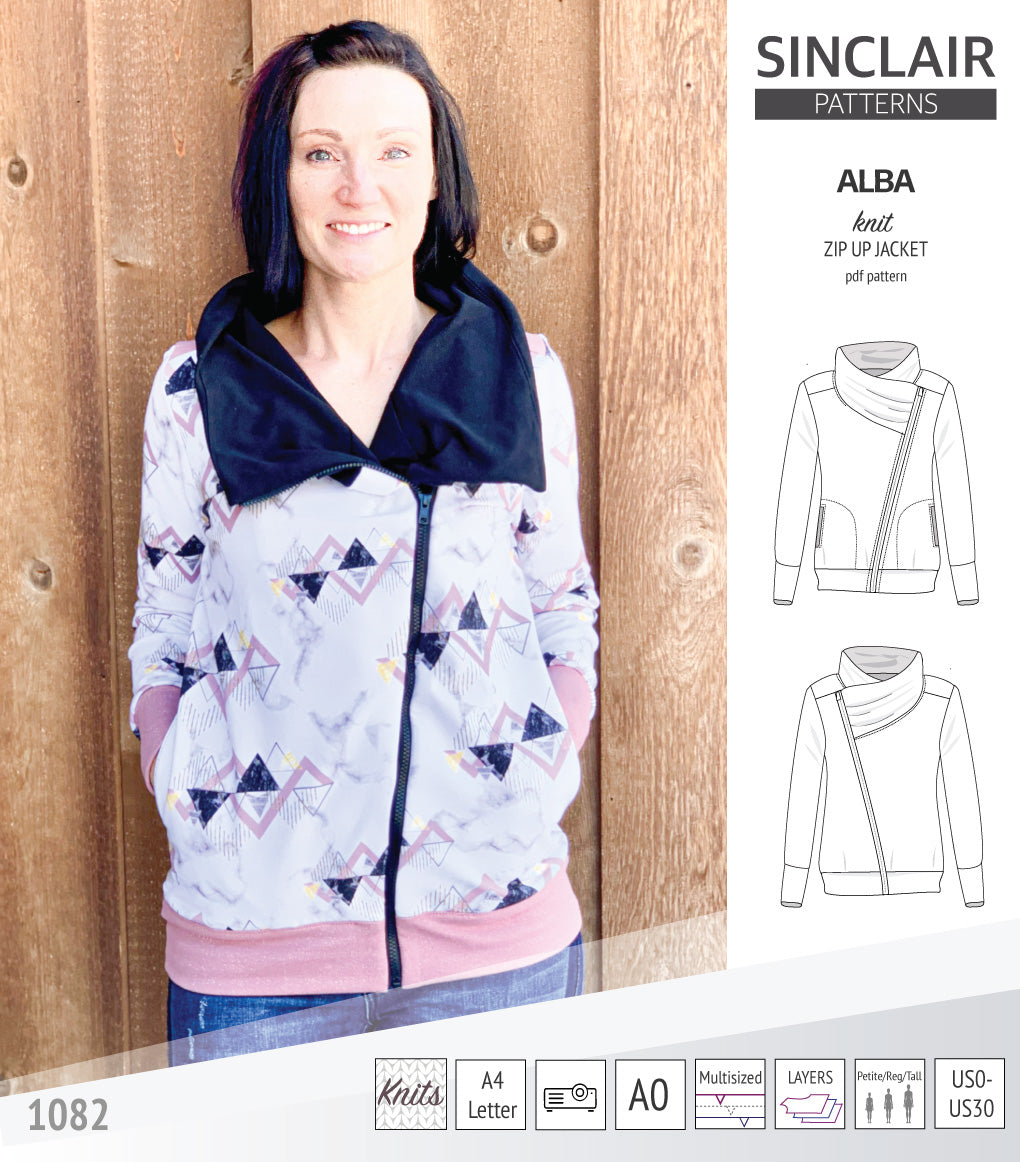 Sinclair Patterns S1082 Alba asymmetrical zip up zipper hoodie jacket for women with pockets pdf sewing pattern