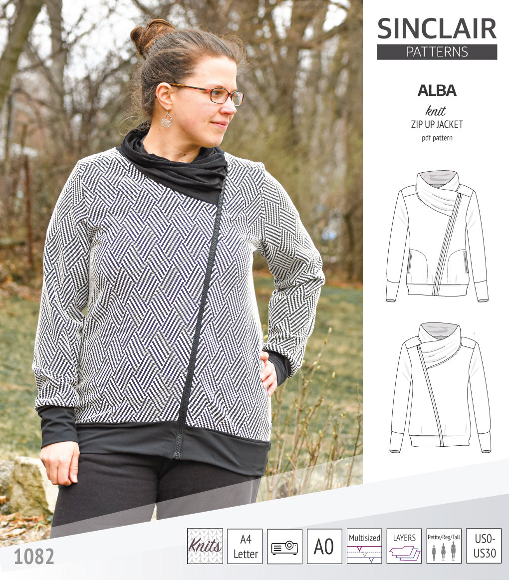 Sinclair Patterns S1082 Alba asymmetrical zip up zipper hoodie jacket for women with pockets pdf sewing pattern
