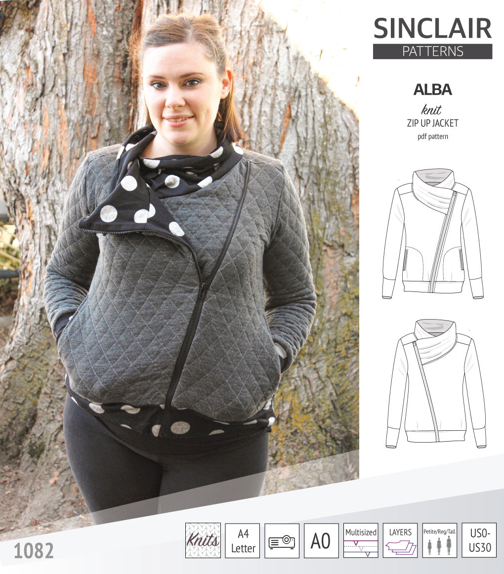 Sinclair Patterns S1082 Alba asymmetrical zip up zipper hoodie jacket for women with pockets pdf sewing pattern