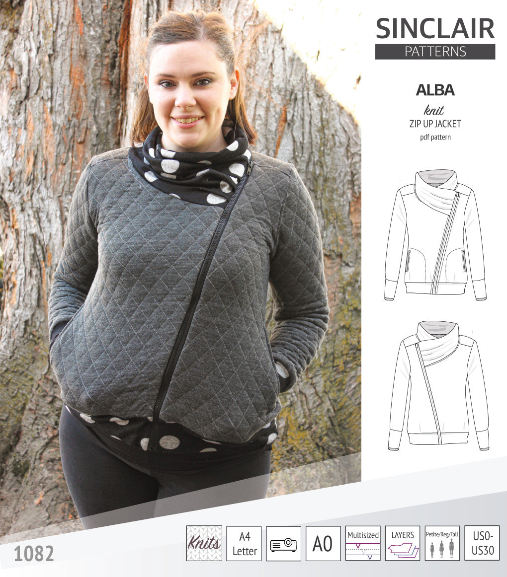 Sinclair Patterns S1082 Alba asymmetrical zip up zipper hoodie jacket for women with pockets pdf sewing pattern