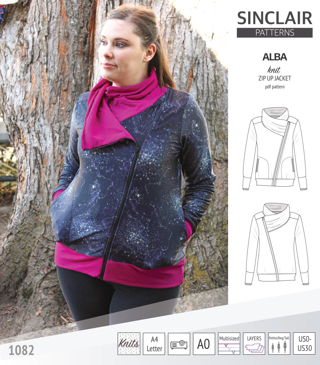 Sinclair Patterns S1082 Alba asymmetrical zip up zipper hoodie jacket for women with pockets pdf sewing pattern
