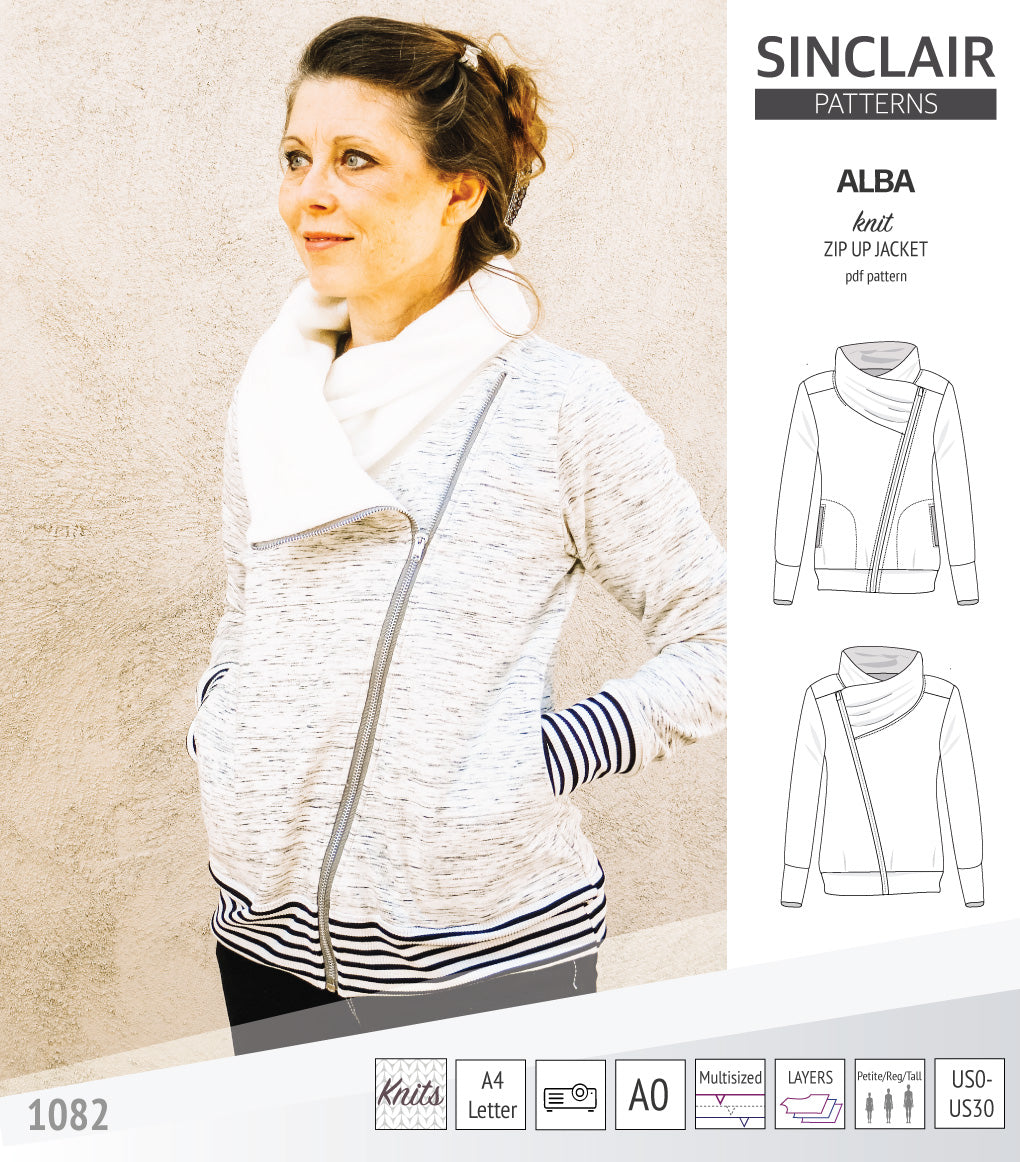 Sinclair Patterns S1082 Alba asymmetrical zip up zipper hoodie jacket for women with pockets pdf sewing pattern