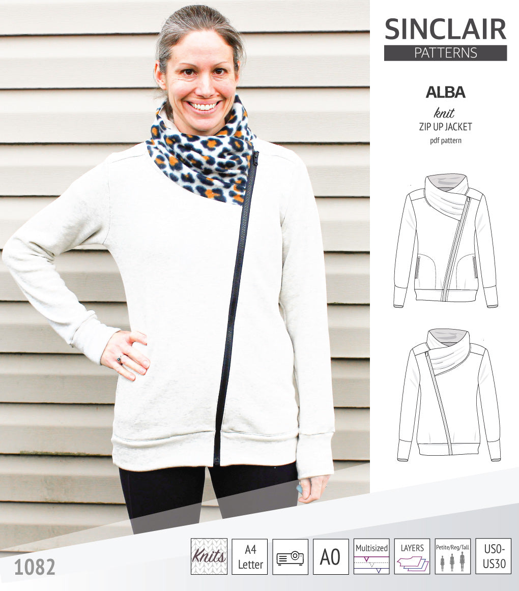 Sinclair Patterns S1082 Alba asymmetrical zip up zipper hoodie jacket for women with pockets pdf sewing pattern