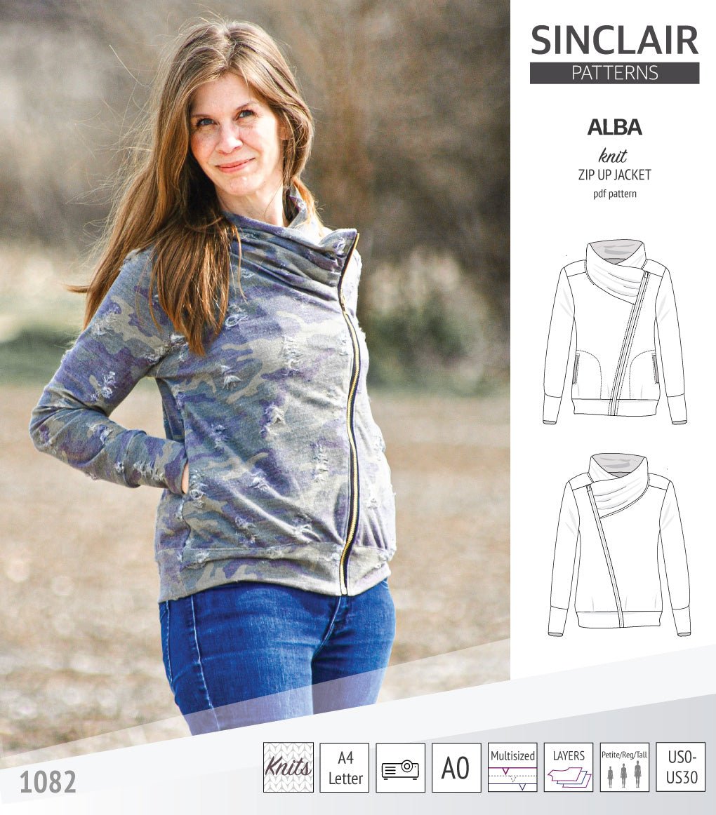 Sinclair Patterns S1082 Alba asymmetrical zip up zipper hoodie jacket for women with pockets pdf sewing pattern