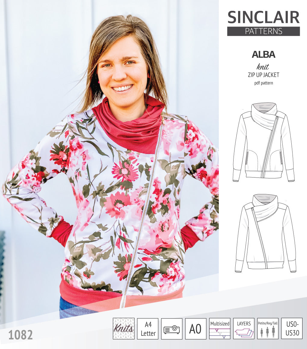 Sinclair Patterns S1082 Alba asymmetrical zip up zipper hoodie jacket for women with pockets pdf sewing pattern