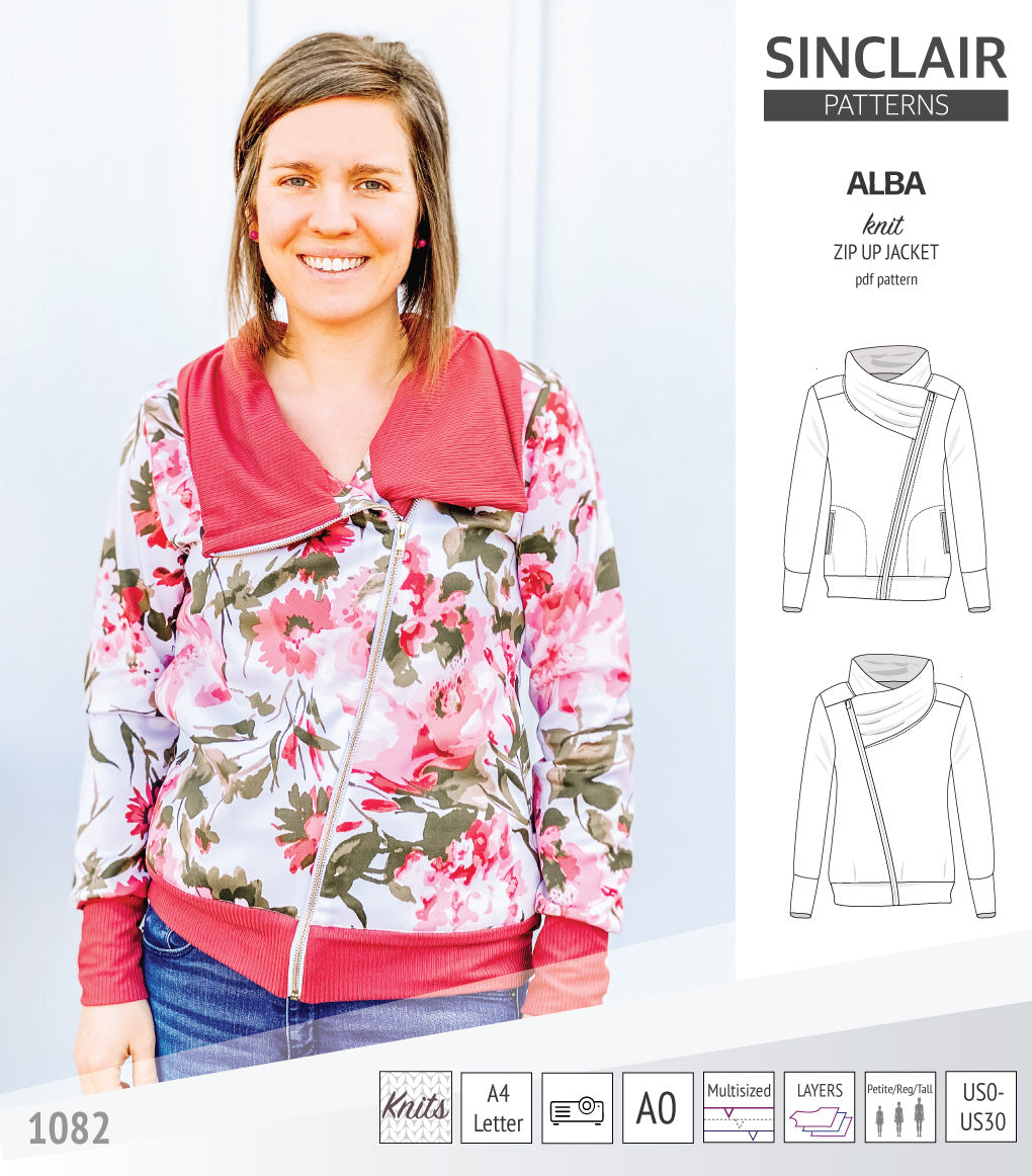 Sinclair Patterns S1082 Alba asymmetrical zip up zipper hoodie jacket for women with pockets pdf sewing pattern