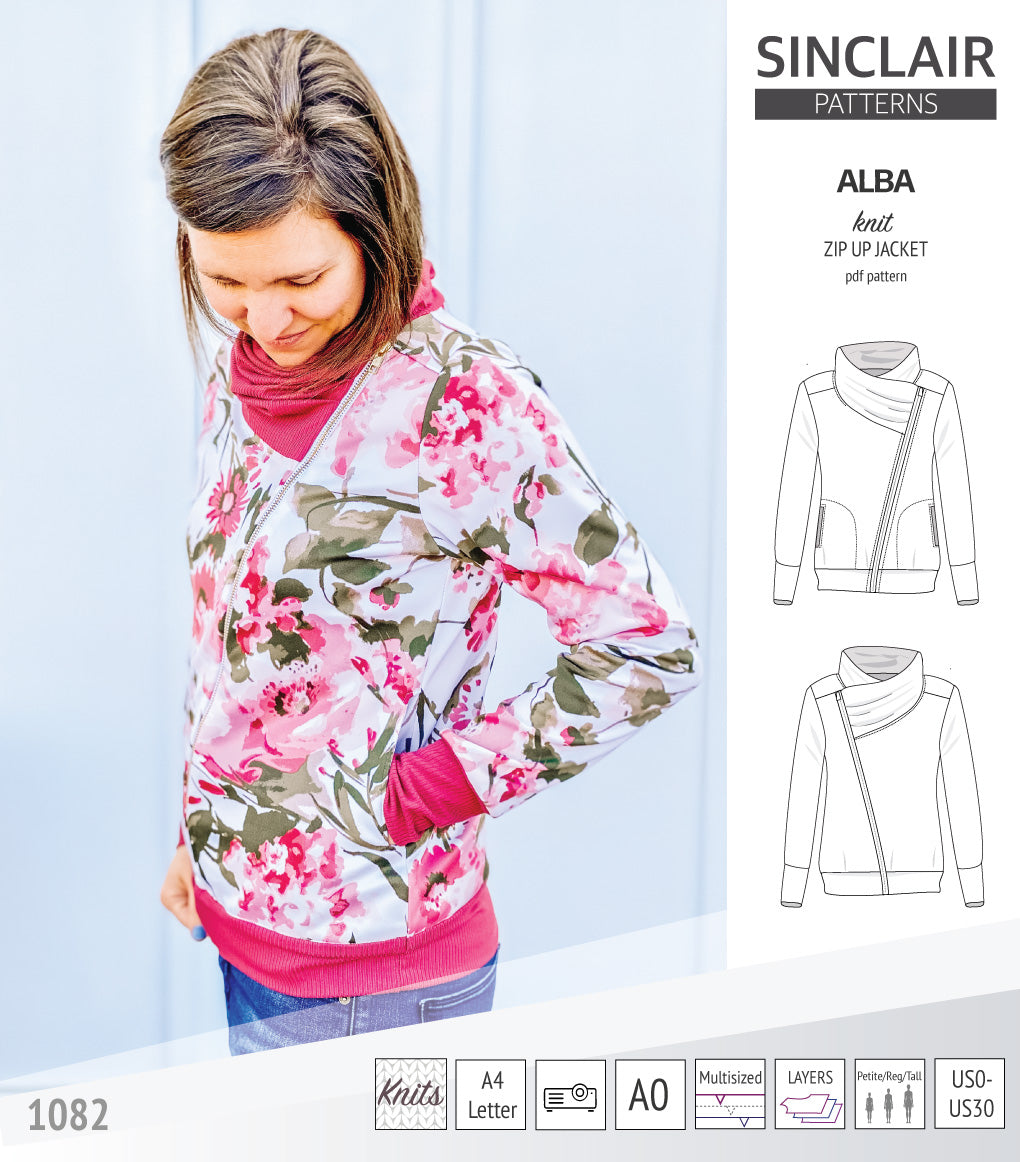 Sinclair Patterns S1082 Alba asymmetrical zip up zipper hoodie jacket for women with pockets pdf sewing pattern