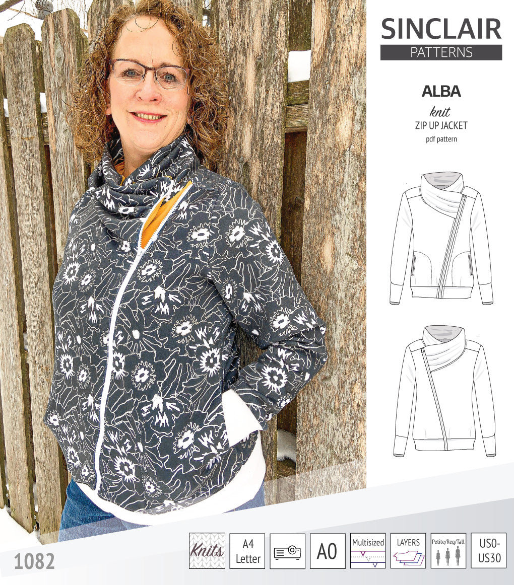 Sinclair Patterns S1082 Alba asymmetrical zip up zipper hoodie jacket for women with pockets pdf sewing pattern